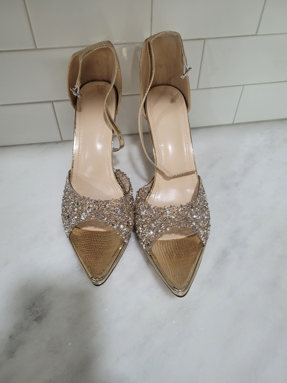 SHEIN Gold Crystal Peep-Toe Ankle-Strap Heels